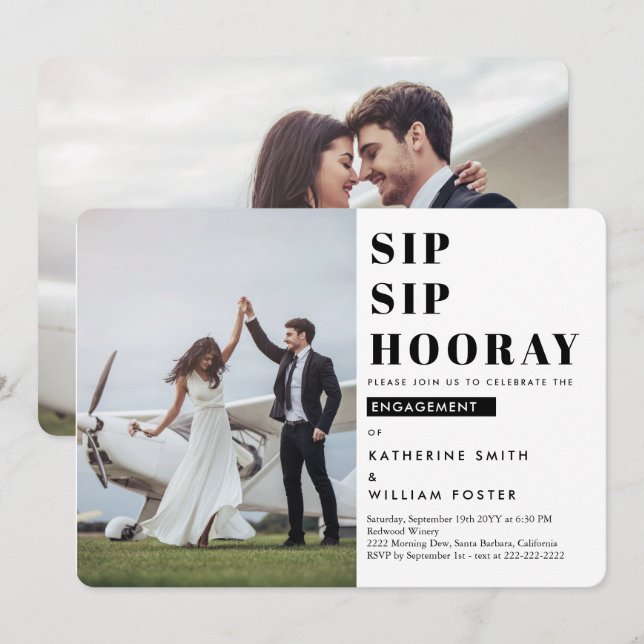 Sip Sip Hooray 2 Foto Förlovningsfest Inbjudan (Fram/baksida)