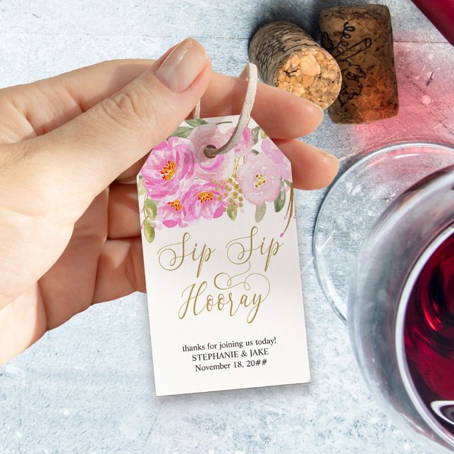 Sip Sip Hooray Calligraphy Rosa and Guld Blommigt Presentetikett (Sip Sip Hooray thank you gift tag from my Pink and Gold Watercolor Floral Collection)
