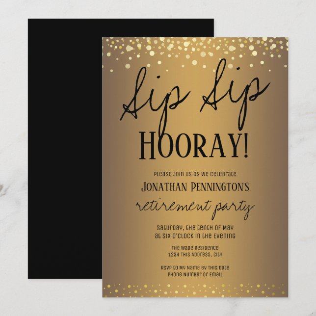 Sip Sip Hooray Elegant Guld Pension Party Inbjudningar (Fram/baksida)