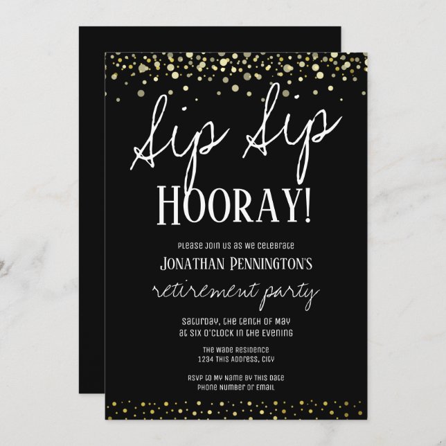 Sip Sip Hooray Elegant Guld Pension Party Inbjudningar (Fram/baksida)