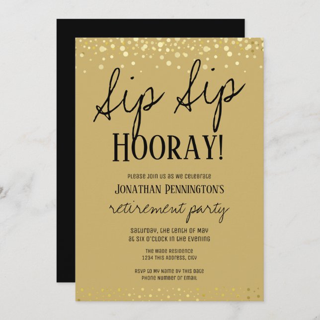 Sip Sip Hooray Elegant Guld Pension Party Invit Inbjudningar (Fram/baksida)