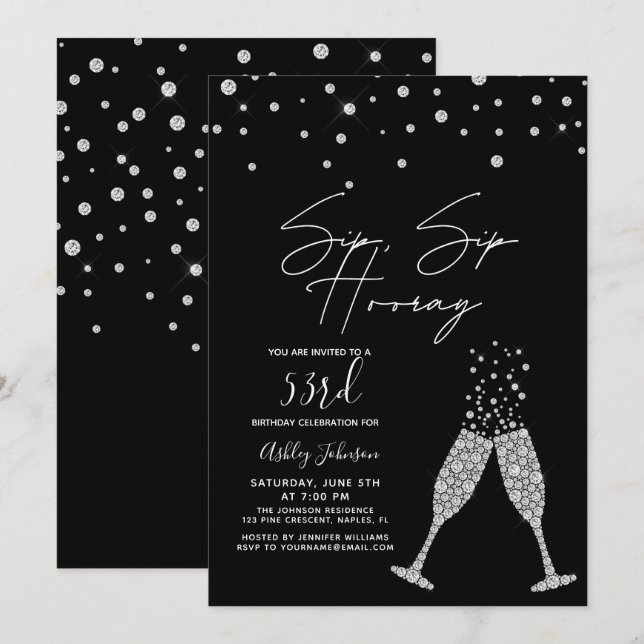 Sip Sip Hooray Modern Black & White Birthday-citat Inbjudningar (Fram/baksida)
