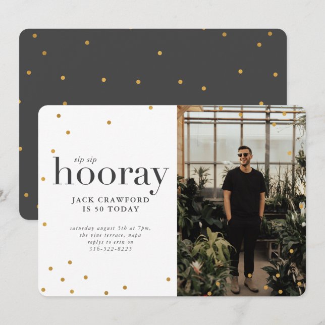 Sip sip hooray modern elegant födelsedagsfest inbjudningar (Fram/baksida)