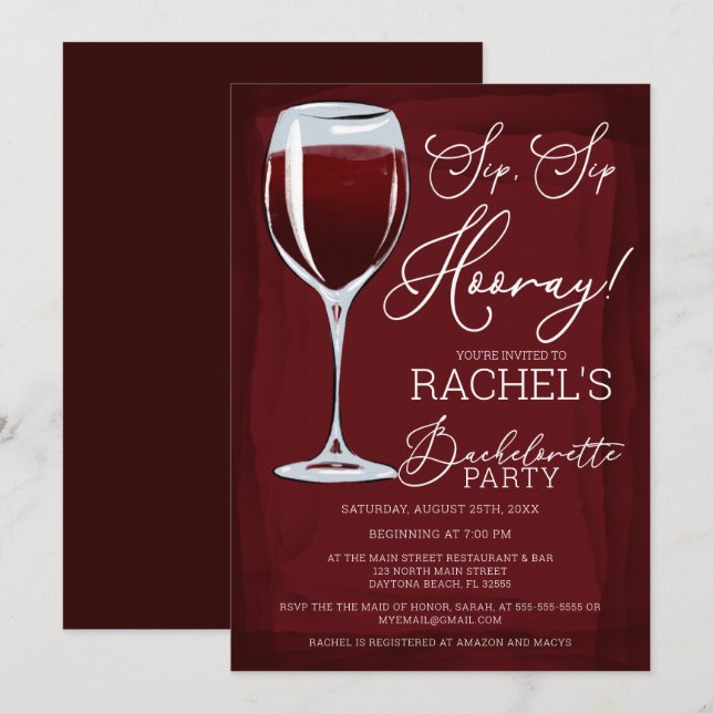 Sip Sip Hooray Red Vin Bachelorette Party Inbjudningar (Fram/baksida)