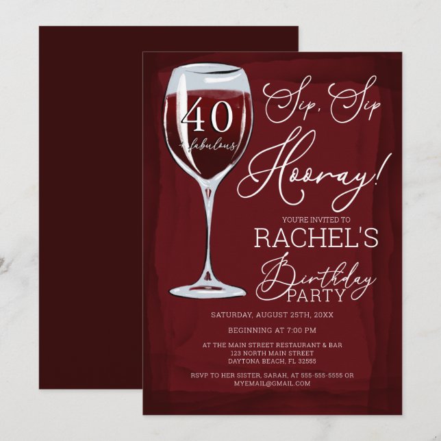Sip Sip Hooray Red Vin Födelsedagsfest Inbjudningar (Fram/baksida)