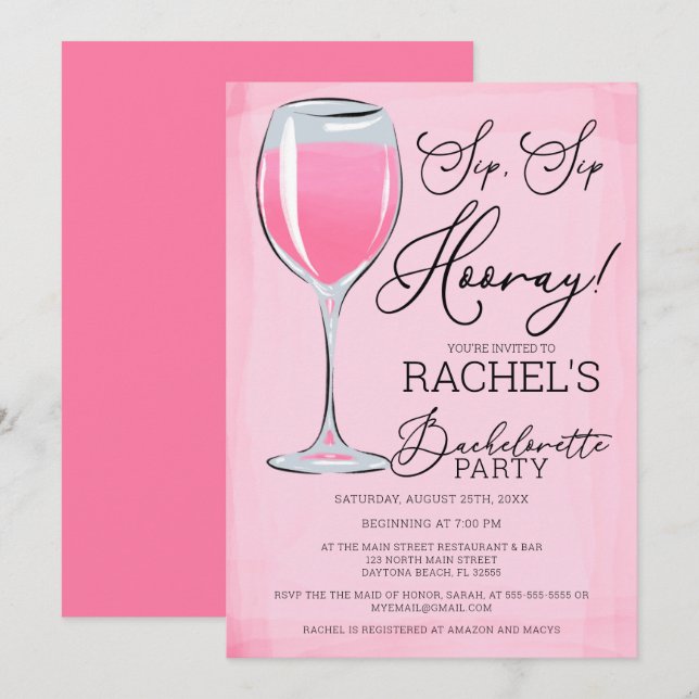 Sip Sip Hooray Rosa Vin Bachelorette Party Inbjudningar (Fram/baksida)