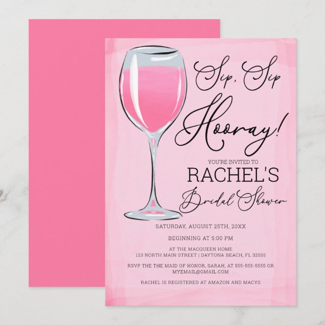 Sip Sip Hooray Rosa Vin Möhippa Inbjudningar (Fram/baksida)