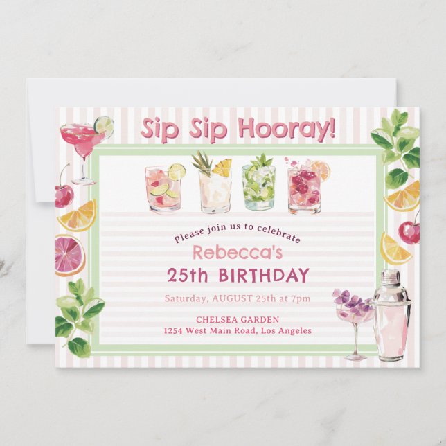 SIp Sip Hooray Sommar Cocktail Födelsedag Inbjudningar (Framsida)