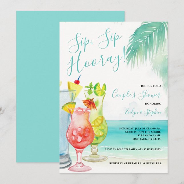 Sip Sip Hooray Tropical Cocktails Couple's Shower Inbjudningar (Fram/baksida)