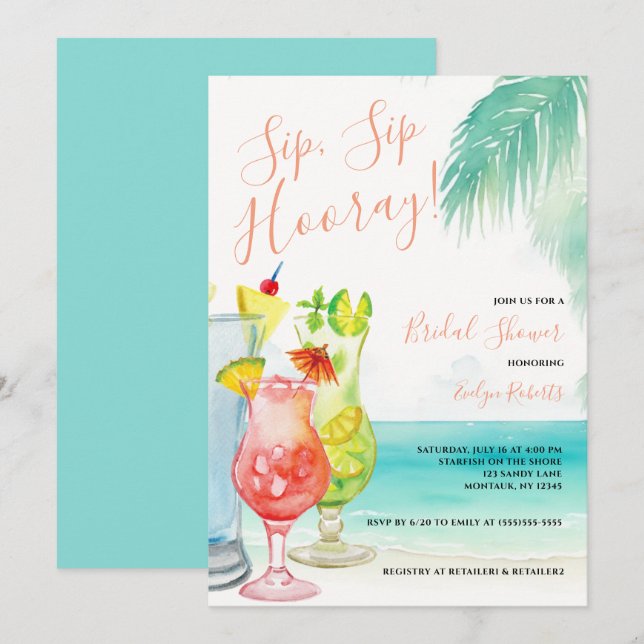 Sip Sip Hooray Tropical Cocktails Möhippa Inbjudningar (Fram/baksida)