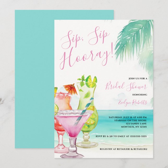 Sip Sip Hooray Tropical Cocktails Möhippa Inbjudningar (Fram/baksida)