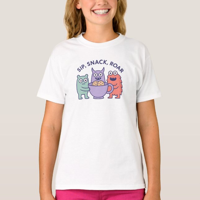 Sip, Snack, Roar – Cute Monster Cookie Party Desig T Shirt (Framsida)