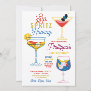 Sip Spritz Hooray Party Cocktails Drinks Birthday Inbjudningar