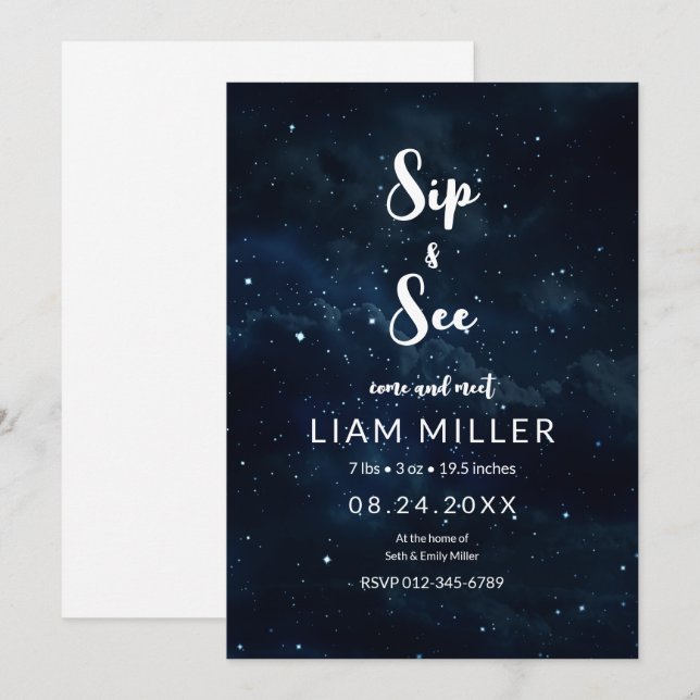 Sipp och se baby shower, Stjärnklar natt Minimalis Inbjudningar (Fram/baksida)