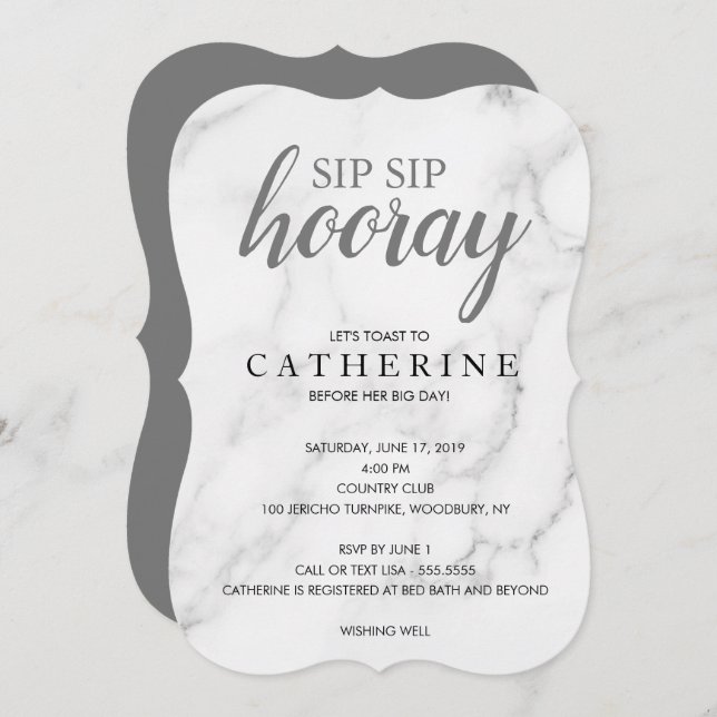 Sipp Sipp Hurra Marmor, Svart & Vit Bröllopsfest Inbjudningar (Fram/baksida)