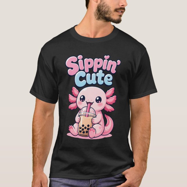 Sippin Cute Kawaii Axolotl Bubble Tea T Shirt (Framsida)