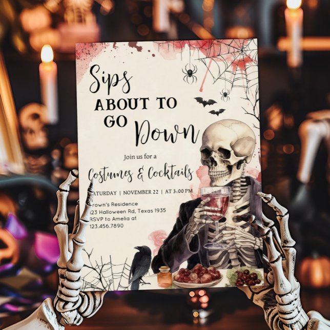 Sips på väg ner Cocktail Halloween fest Inv Inbjudningar (Sips About to Go Down Costumesa and Cocktails Halloween Party Invitation)