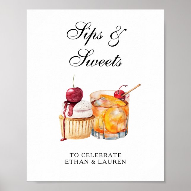 Sips & Sweets Bröllopscocktail & Cupcake Poster (Framsidan)