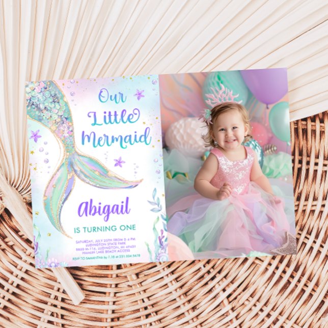 Siren 1:a födelsedagsfotoinbjudan inbjudningar (Mermaid 1st Birthday Photo Invitation)