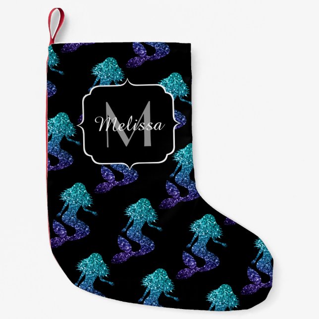 Siren akvablå ombre Glittermönster Monogram Liten Julstrumpa (Framsidan)