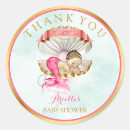 Siren Bebis Mussla Kron Pärlor Guld Rosa Runt Klistermärke