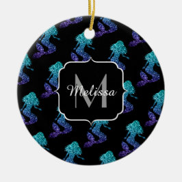 Siren blå aqua ombre Glittermönster Monogram Julgransprydnad Keramik