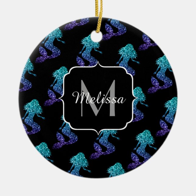Siren blå aqua ombre Glittermönster Monogram Julgransprydnad Keramik (Framsidan)