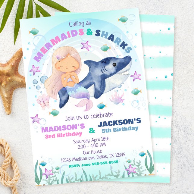 Siren &  Haj Under havet Födelsedagsfest  Inbjudningar (Skapare uppladdad)