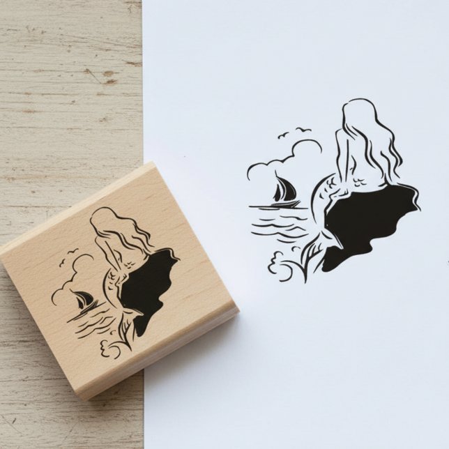 Sirén och segelbåt Trästämpel Stämpel (Siren and sailboat wooden art stamp.)