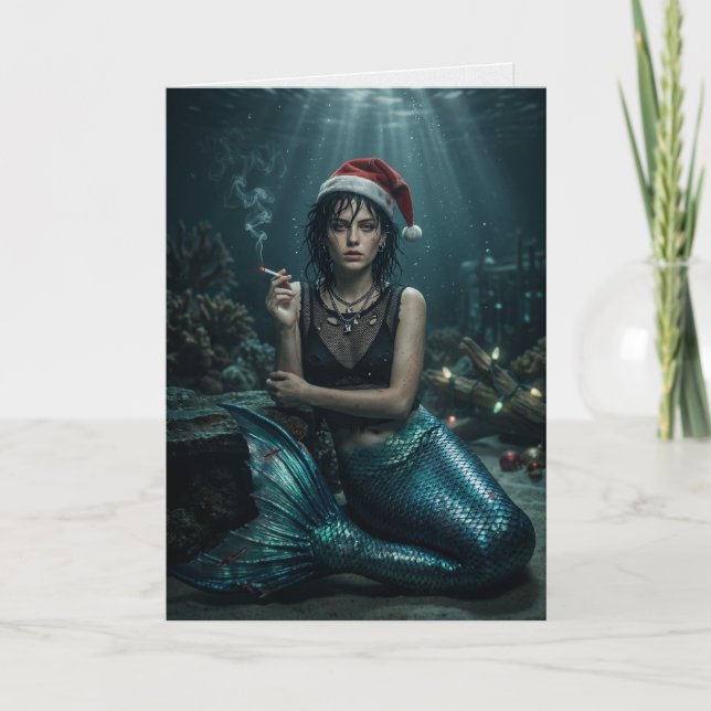 Siren-Santa Cigaret Sarksastisk Jul Kort (Framsida)