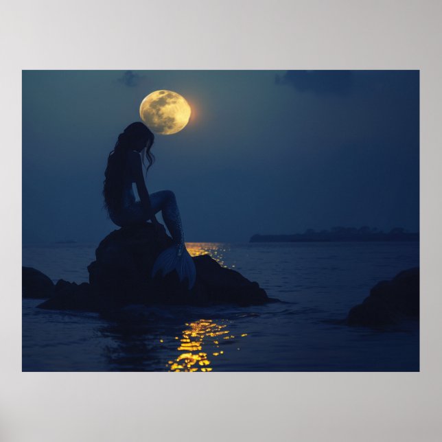 Siren sittande på en sten på natten poster (Framsidan)
