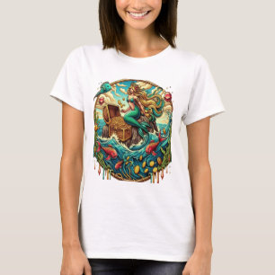 Siren som sitter på en sten med en öppen skattkist t shirt