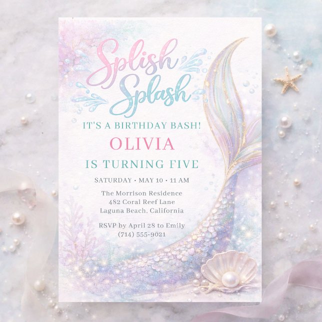 Siren Splish Splash 5-års födelsedagsfest Inbjudningar (Skapare uppladdad)