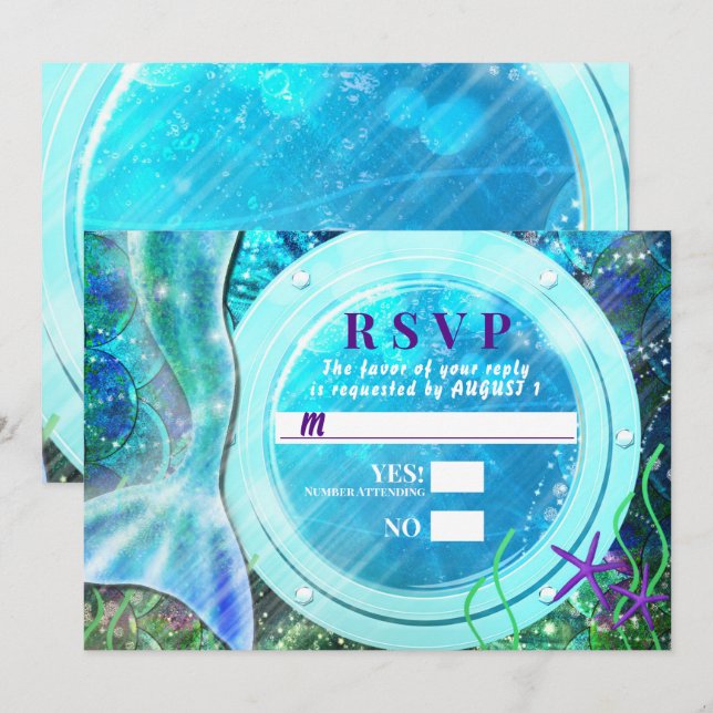 Siren Svans Magi Under Havet Sött 16 RSVP  Inbjudningar (Fram/baksida)