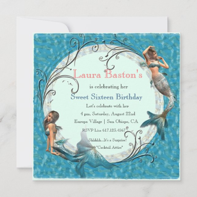 Siren Tealblå Söta 16 Födelsedagsinbjudningar Inbjudningar (Framsida)