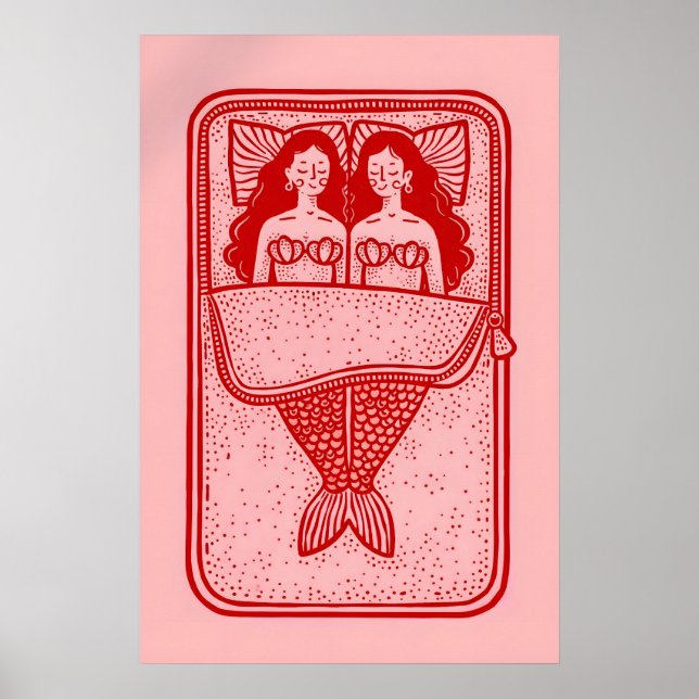 Sirenälskare Affisch, Röd Linjekonst Väggtryck Poster (Framsidan)