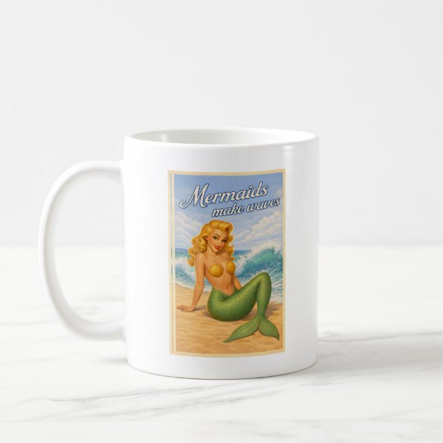 Sirener Skapar Vågor Retro Pin-Up | Kustnära Stran Kaffemugg (Vänster)