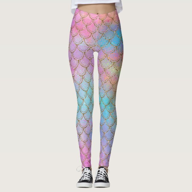 Sirenfjäll Färgglada Vackra Pastell Rosa Lila Leggings (Framsida)