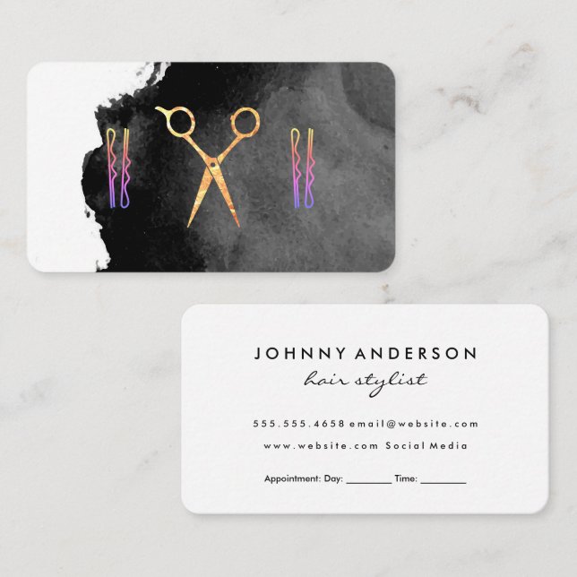 Sissor Hair Pin | Svart vattenfärg Tidsbeställning Kort (Fram/baksida)