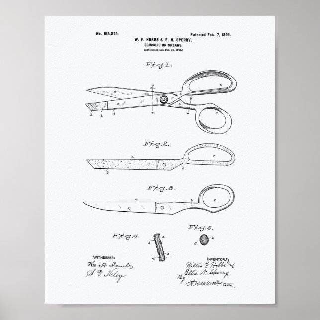 Sissors 1899 Patent Art White Papper Poster (Framsidan)
