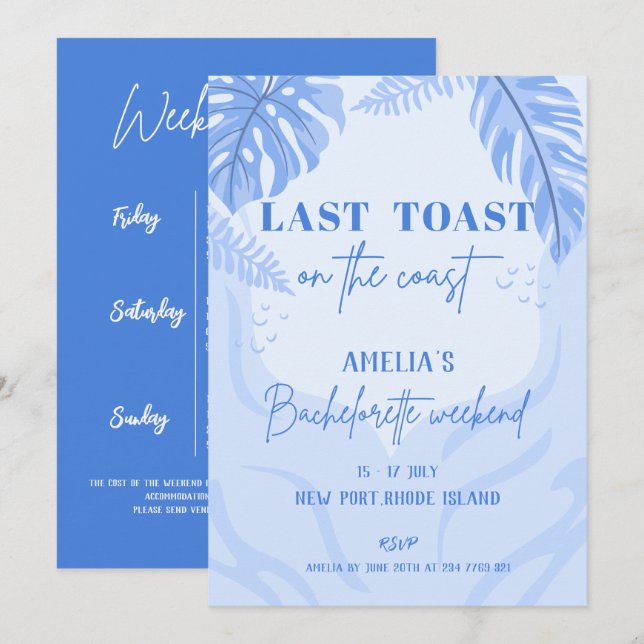Sist i skål på kusten Blue Bachelorette-partiet Inbjudningar (Fram/baksida)