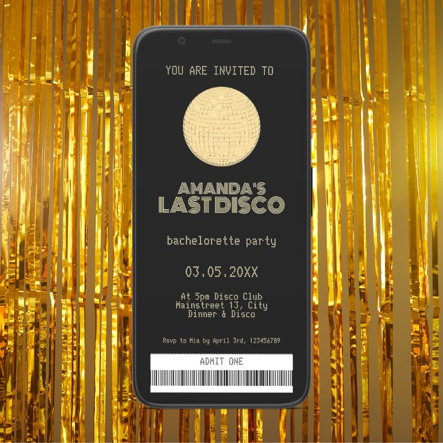 Sista Disco Bachelorette Party Golden Biljett Inbjudningar (last disco bachelorette party invitation golden disco ticket)