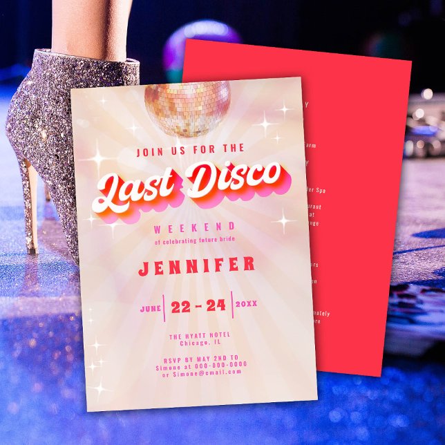 Sista Disco Rosa Red Retro Bachelorette Helg Inbjudningar (Skapare uppladdad)