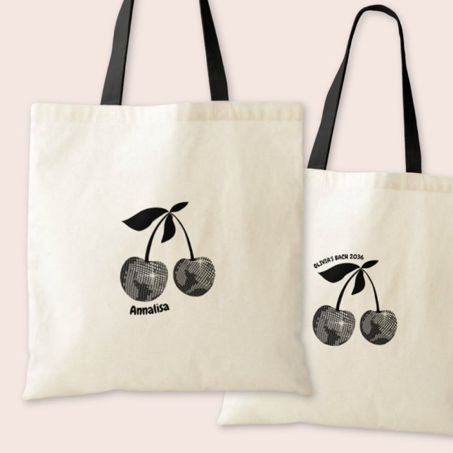Sista Disco Sängvätning Flicka Svart Körsbärstaska Tygkasse (Last Disco Bachelorette Party Black Cherry Tote
)