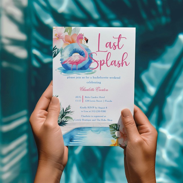 Sista doppet Flamingo Möhippa  Inbjudningar (Last Splash Pool pool watercolor Pink flamingo tropical flower Bachelorette Weekend Invitation)