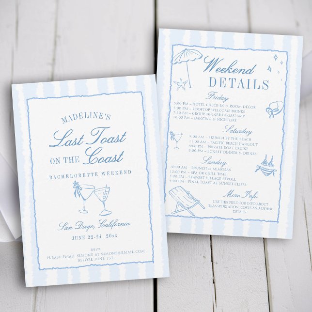 Sista popup på Kusten Blue Rand Bachelorette Inbjudningar (last toast on the coast bachelorette party itinerary hand drawn script calligraphy stripes frame)