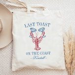 Sista popup på Kusten Lobster Bachelorette Tygkasse<br><div class="desc">Släng bruden på stranden med de här söta servetterna från kusten. "Last Toast on the Kusten" visas i ett halvblått bokstäver,  med en illustration av en röd hummer som klumpar två champagnekoppsglas. Anpassa till varje deltagares namn för en söt välkomstgåva.</div>