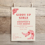 Sista Rodeon Giddy Up Sängvätning Helg Itinerary Inbjudningar<br><div class="desc">Inbjudningskort till möhippa med dekorativ rosa och röd "Giddy Up Girls" och "last rodeo" text,  illustration av ros,  och rosa cowgirlstövlar med hjärtan.  Bakgrunden är off-white.  Baksidan visar en tidsplan.</div>