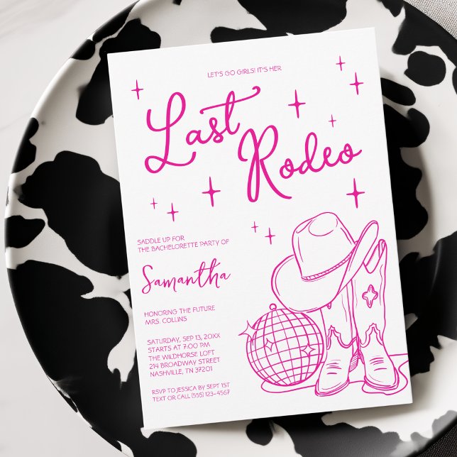 Sista Rodeon Rosa Cowboyflicka Disco Möhippa Festl Inbjudningar (Last Rodeo Pink Cowgirl Disco Bachelorette Party Invitation)