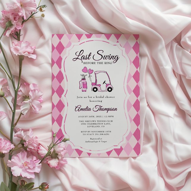 Sista Rosa Argyle Golf-Möhippan Inbjudningar (Last Swing Before the Ring! Pink Argyle Golf-Themed Bridal Shower Invitation)